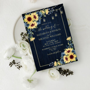 Invitation Tournesol rustique Mariage de fleurs de bois bleu