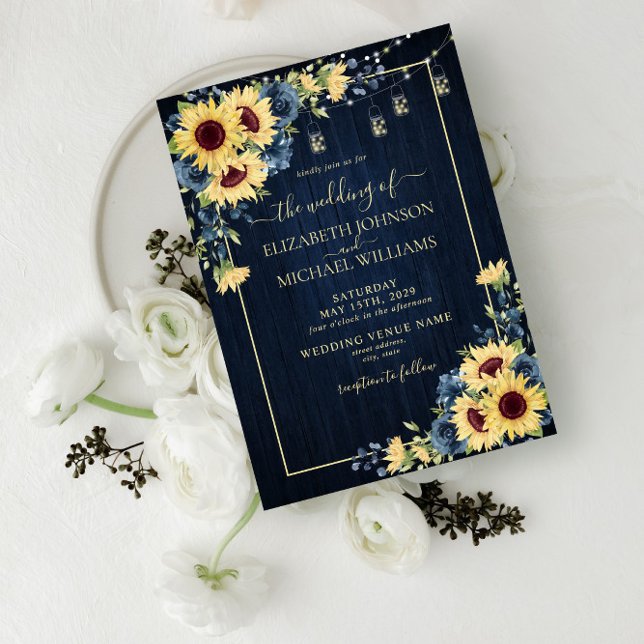 Invitation Tournesol rustique Mariage de fleurs de bois bleu  (Créateur téléchargé)