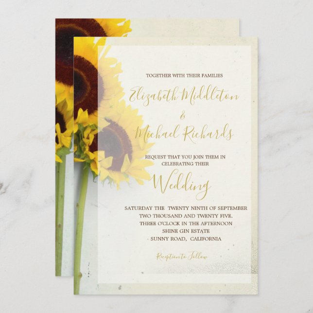 Invitation Tournesol Rustique Mariage de typographie moderne (Devant / Derrière)
