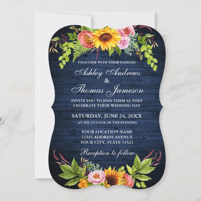 Invitation Tournesol rustique Mariage en bois bleu (Devant)