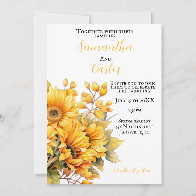 Invitation tournesol rustique, mariage jaune or (Devant)