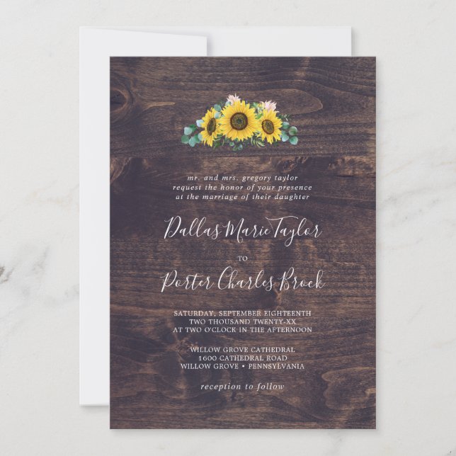 Invitation Tournesol rustique | Mariage traditionnel bois (Devant)