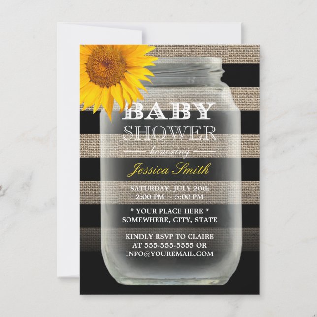 Invitation Tournesol rustique Mason Jar & Stripes Baby shower (Devant)