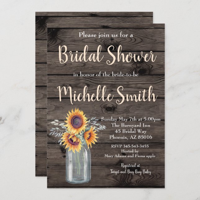 Invitation Tournesol rustique Pays Fête des mariées en bois f (Devant / Derrière)