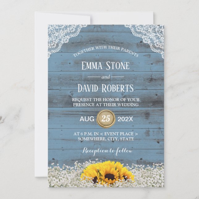 Invitation Tournesol rustique Pays Floral Blue Barn Mariage (Devant)