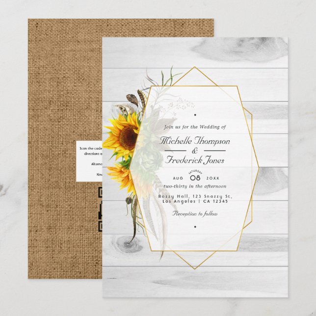 Invitation Tournesol rustique Pays Grange QR Code RSVP Mariag (Devant / Derrière)