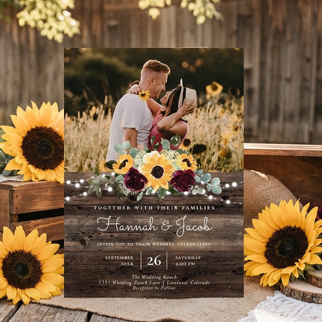 Invitation Tournesol rustique Photo Barne Mariage en bois (Créateur téléchargé)