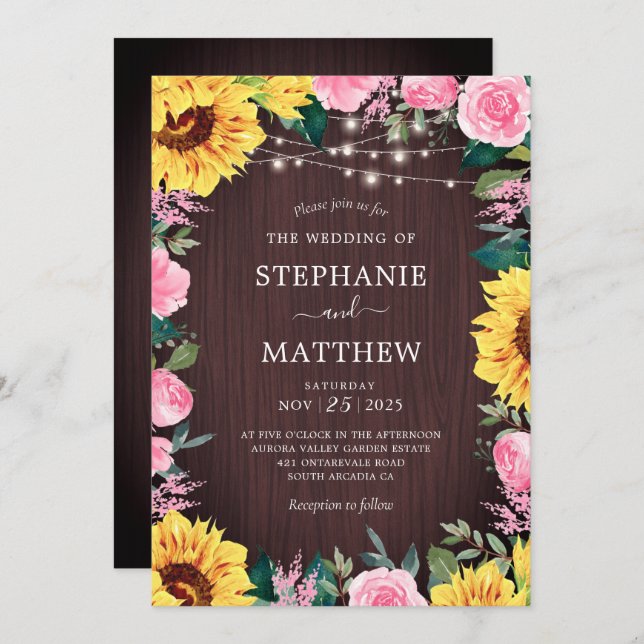 Invitation Tournesol rustique PInk Floral Lights Mariage (Devant / Derrière)