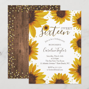 Invitation Tournesol rustique Sweet 16 Anniversaire