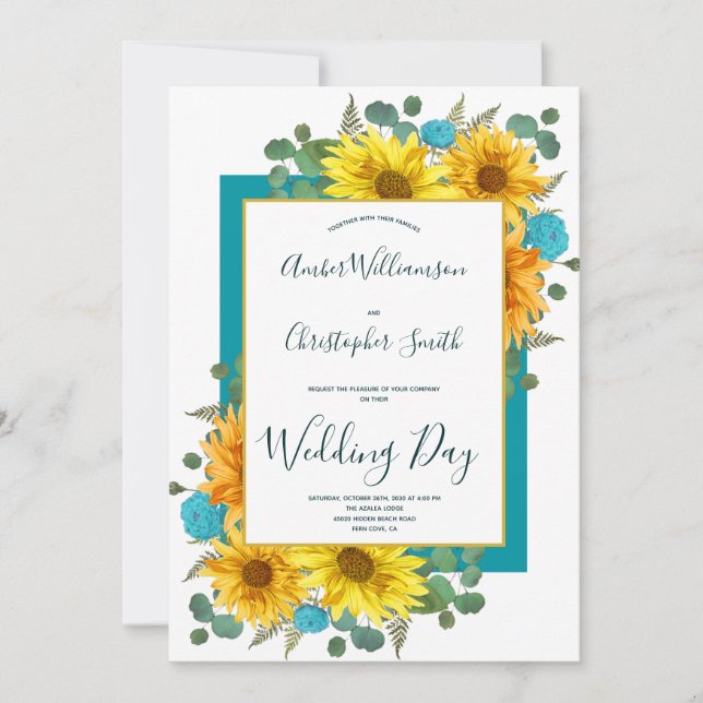 Invitation Tournesol rustique Turquoise Mariage campagnard Ro (Devant)