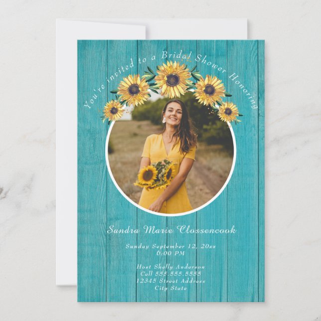 Invitation Tournesol rustique Turquoise Mariage Fête des mari (Devant)