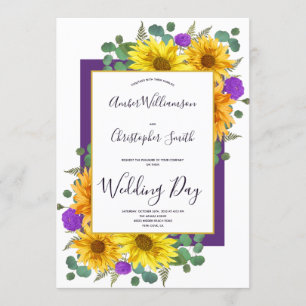 Invitation Tournesol Rustique violet Mariage campagnard Rose