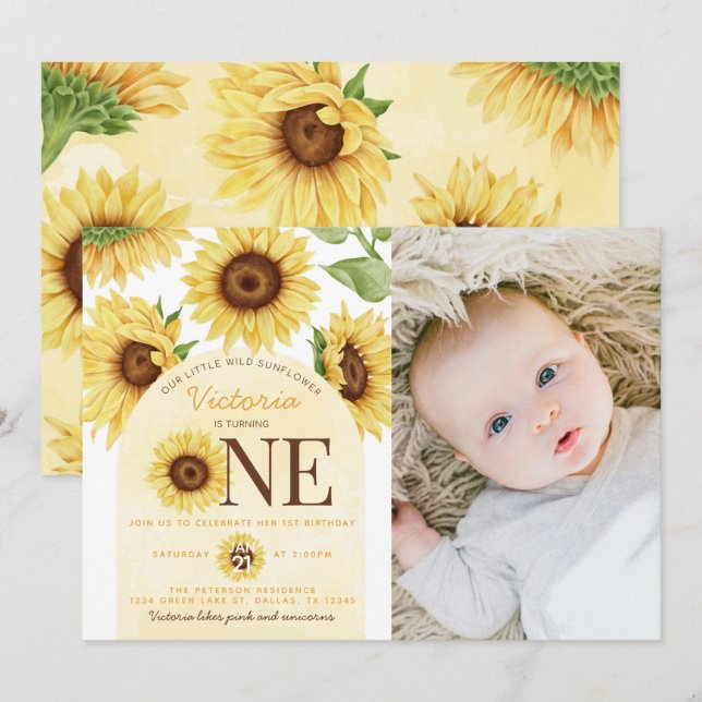 Invitation Tournesol sauvage mignonne tournant UNE 1ère fête  (Devant / Derrière)