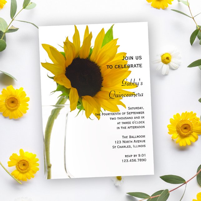 Invitation Tournesol sur le Parti Quinceañera Blanc (Créateur téléchargé)