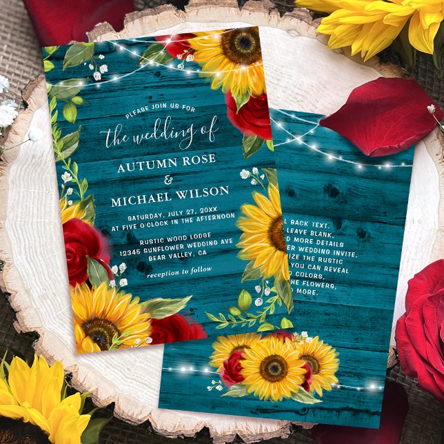 Invitation Tournesol Turquoise Bourgogne Rose Rustique Mariag (Personalized rustic teal wood, red rose sunflower wedding invitations to celebrate your big day!)