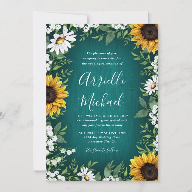 Invitation Tournesol turquoise Pays Mariage rustique Invitati (Devant)