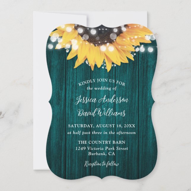 Invitation Tournesol turquoise Rustique Mariage en bois de gr (Devant)