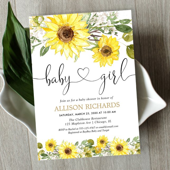 Invitation Tournesol vert blanc jaune baby shower fille (Créateur téléchargé)