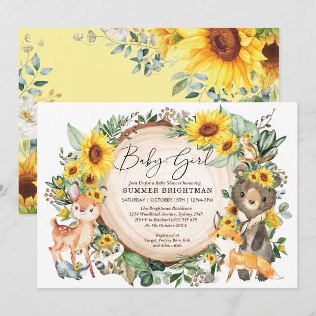 Invitation Tournesol Vert Bois Baby shower Animaux (Devant / Derrière)