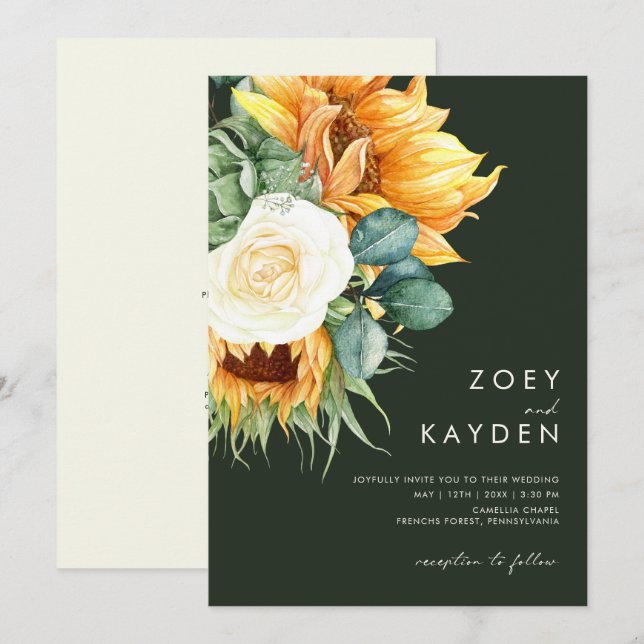 Invitation Tournesol | Vert foncé Tout en un Mariage (Devant / Derrière)