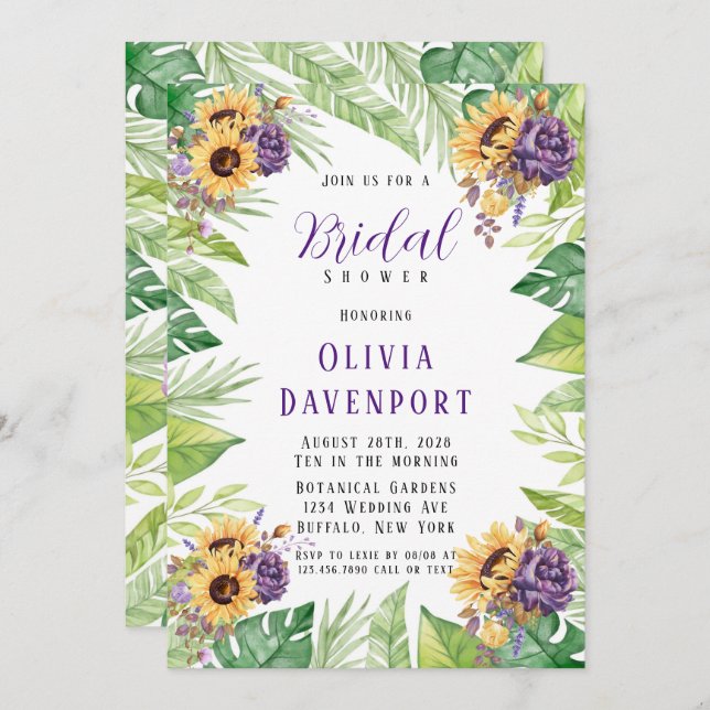 Invitation Tournesol vert violet Fête des mariées florale (Devant / Derrière)