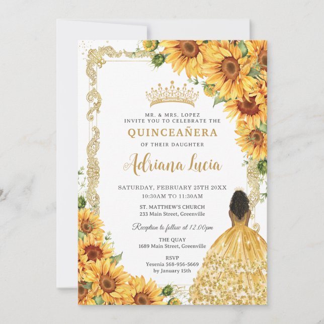 Invitation Tournesol vintage Brown Princesse Quinceañera (Devant)