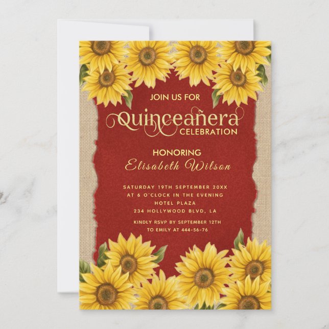 Invitation Tournesol vintage lin Quinceañera (Devant)