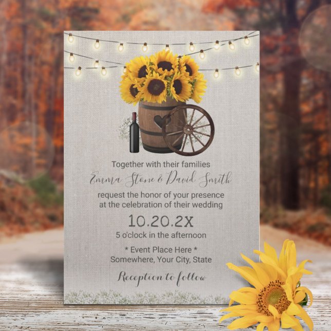 Invitation Tournesol vintage tonneau en bois Mariage rustique (Créateur téléchargé)