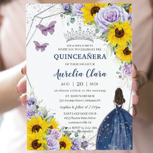 Invitation Tournesol violet Floral Marine Blue Gown Quinceañe