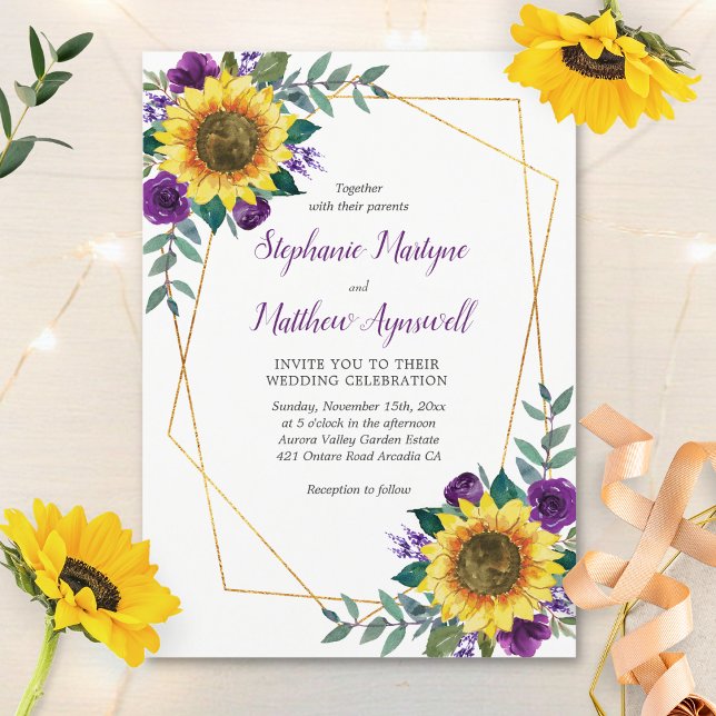 Invitation Tournesol violet Floral moderne Mariage géométriqu (Créateur téléchargé)