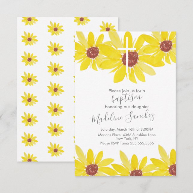 Invitation Tournesols à l'aquarelle Baptême Peints à la main (Devant / Derrière)