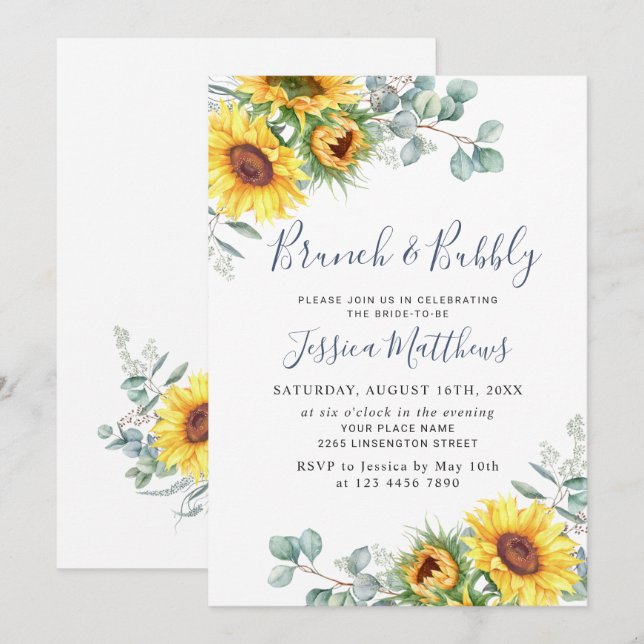 Invitation Tournesols à l'aquarelle Brunch Eucalyptus & Bubbl (Devant / Derrière)