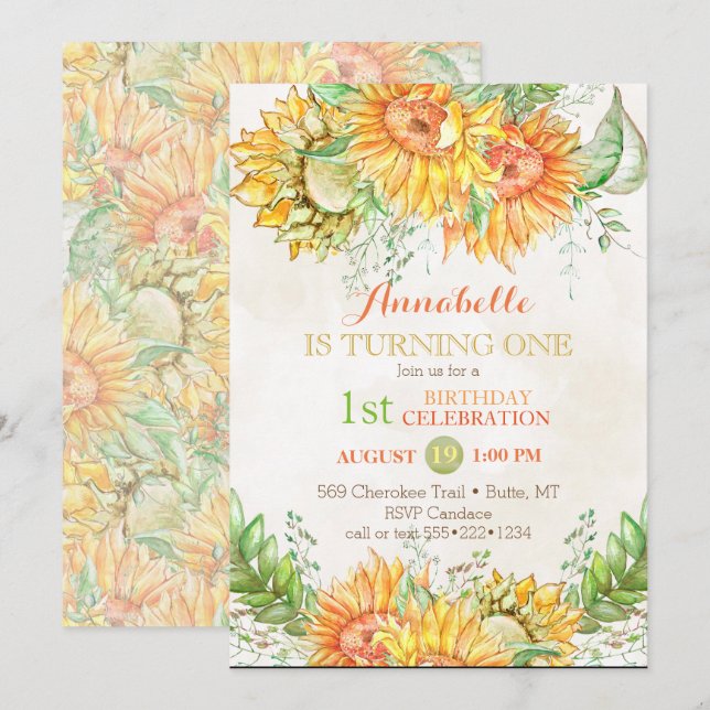 Invitation Tournesols à l'aquarelle Orange Jaune Vert Clair (Devant / Derrière)