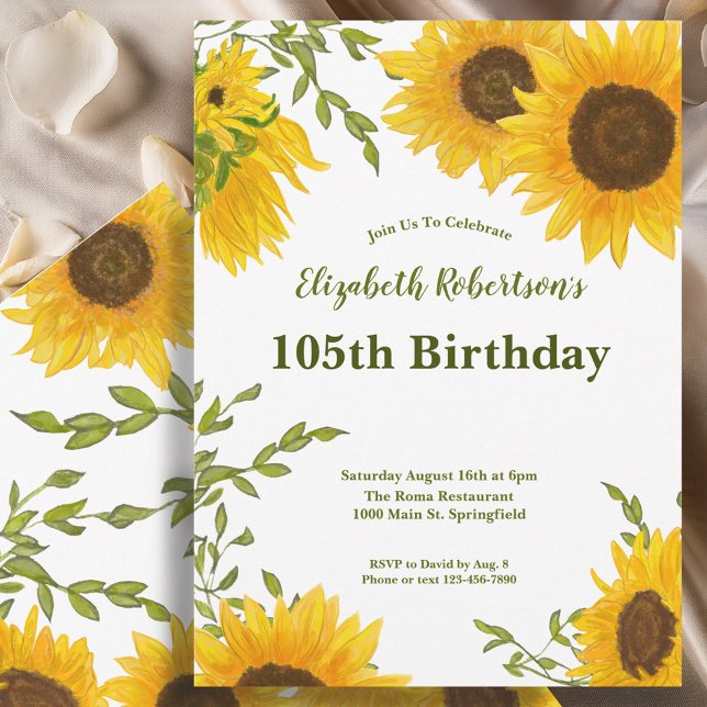 Invitation Tournesols aquarelle 105e anniversaire femmes  (Créateur téléchargé)