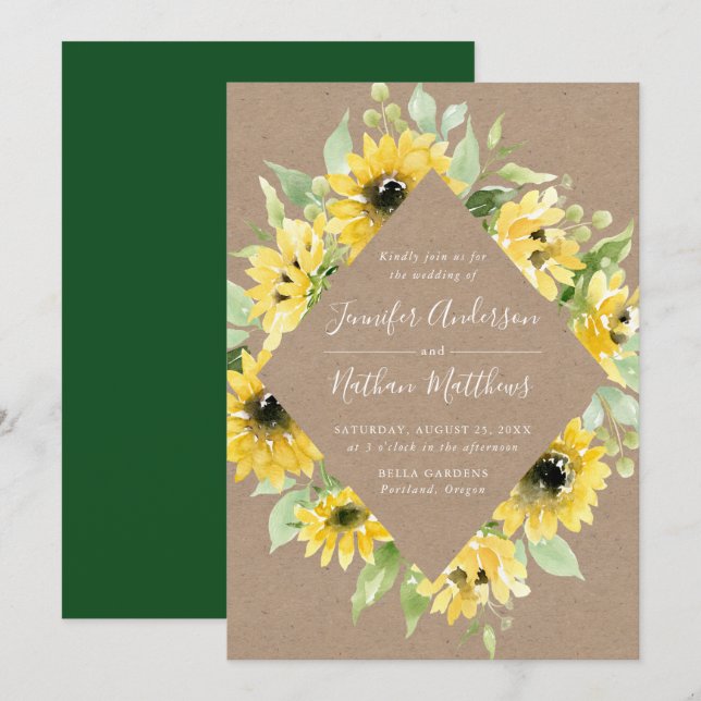 Invitation Tournesols Aquarelle Cadre Floral Mariage Rustique (Devant / Derrière)