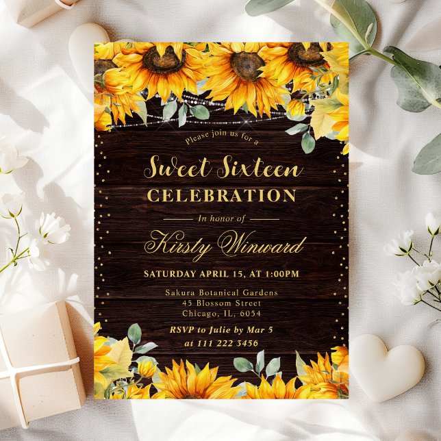 Invitation Tournesols Aquarelle Rustique Sweet 16 (Créateur téléchargé)