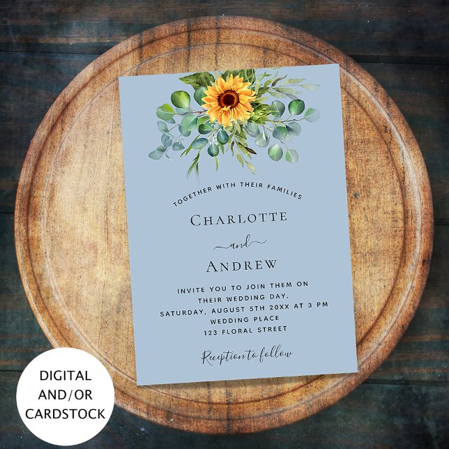 Invitation Tournesols bleu poussiéreux eucalyptus mariage (Créateur téléchargé)
