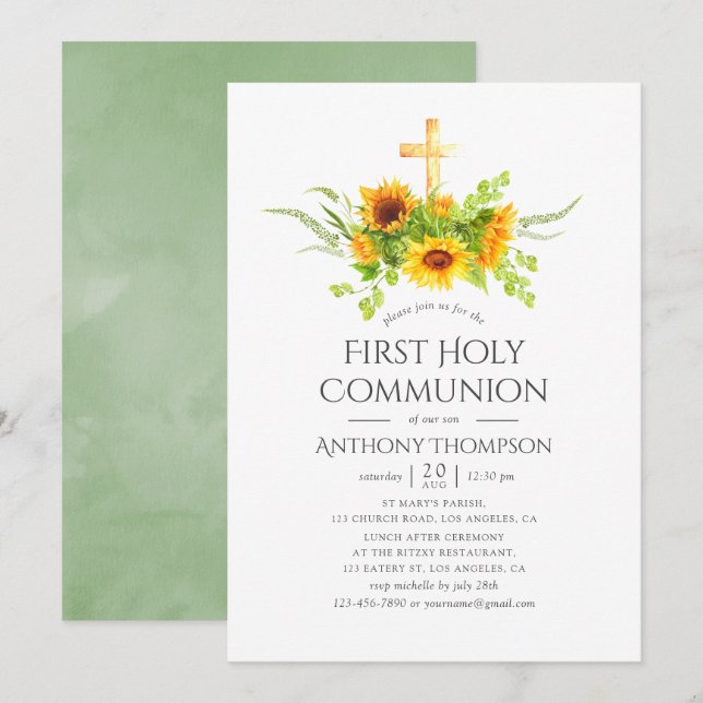 Invitation Tournesols Boho Première Sainte Communion (Devant / Derrière)