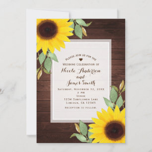 Invitation Tournesols Bois Rustique Élégant Mariage Champêtre