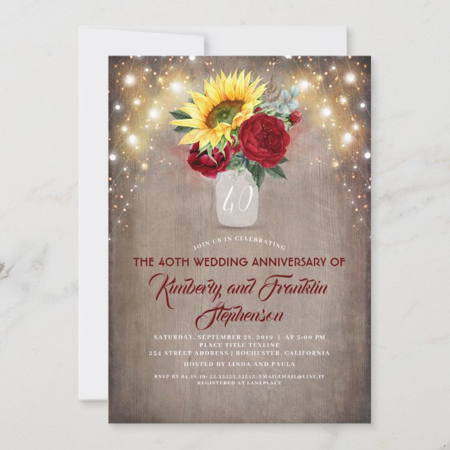 Invitation Tournesols Bourgogne Rouge Rustique Mariage Annive (Devant)