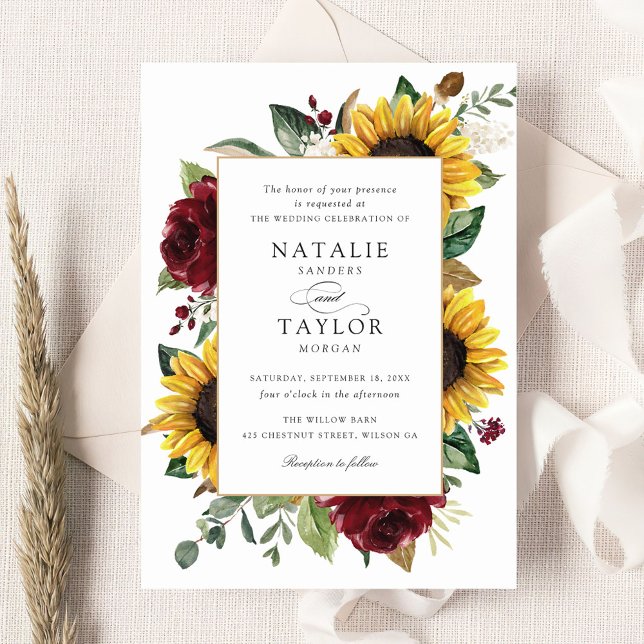 Invitation Tournesols Bourgogne Vert Floral Rustique Mariage (Créateur téléchargé)