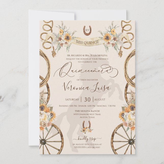 Invitation Tournesols Charro rustiques & Boho Floral Quinceañ (Devant)