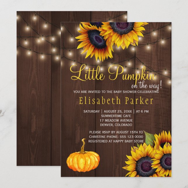 Invitation Tournesols citrouille Bois de grange rustique Baby (Devant / Derrière)