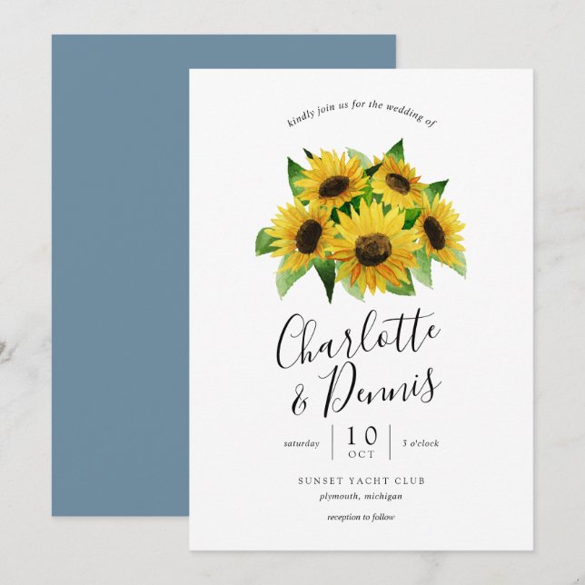 Invitation tournesols couleur aquarelle et mariage bleu pâle (Devant / Derrière)