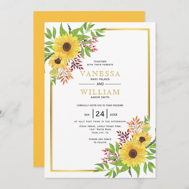Invitation Tournesols couleur jaune, cadre or mariage (Devant / Derrière)