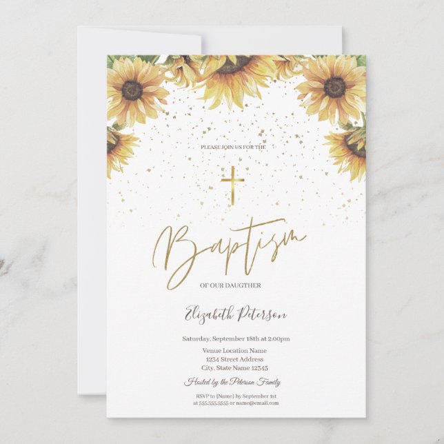 Invitation Tournesols Croix Dorée Élégante Baptême (Devant)