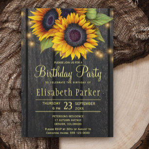 Invitation Tournesols dorés fête d'anniversaire bois de grang