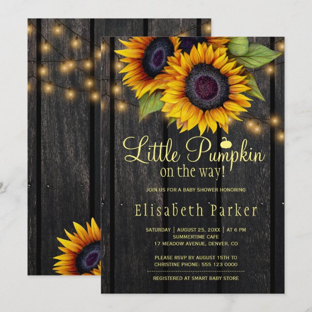 Invitation Tournesols dorés grange de campagne shower bébé en (Devant / Derrière)