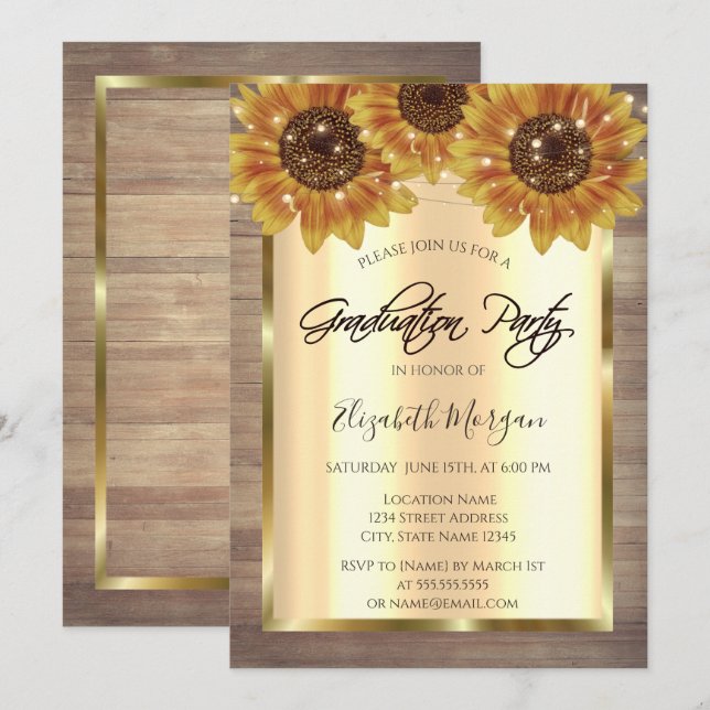 Invitation Tournesols dorés rustiques, Lumières, Diplôme en b (Devant / Derrière)
