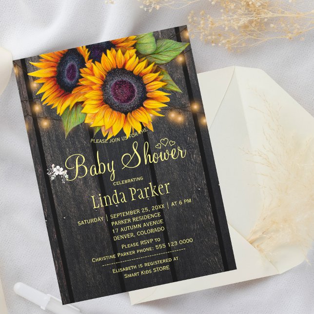 Invitation Tournesols dorés shower de bébé en bois de grange  (Créateur téléchargé)
